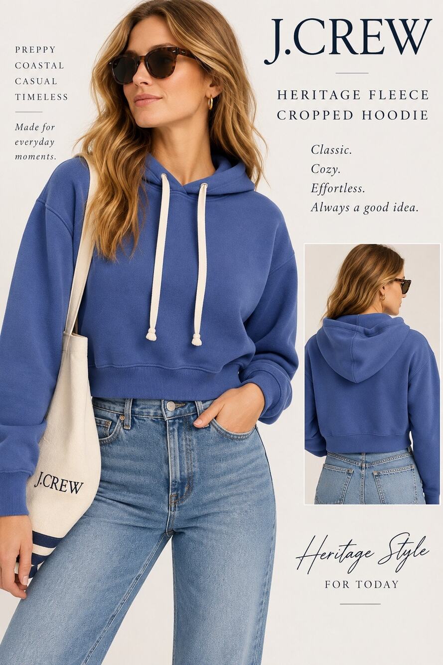 Heritage Preppy Athleisure Coastal J.Crew Heritage Fleece Cropped Hoodie Blue XS